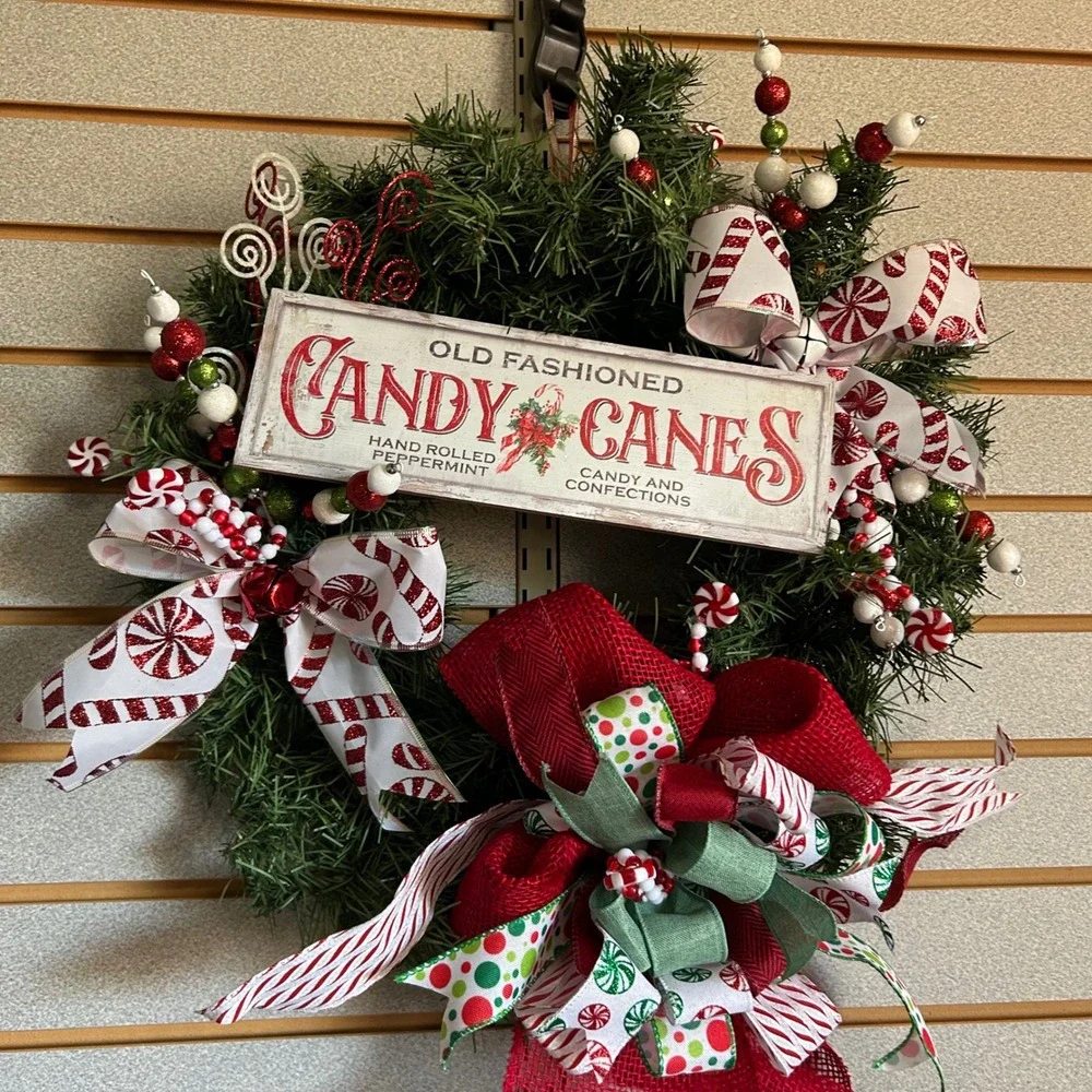Candy Cane Christmas Wreath Holiday Decoration Winter Door Decor Sign 14 in base